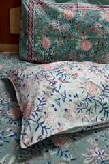 Premium quality super soft Pure cotton hand block printed King Size bedsheet with two reversible pillow covers in beautiful English green color