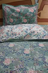 Premium quality super soft Pure cotton hand block printed King Size bedsheet with two reversible pillow covers in beautiful English green color