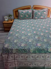 Premium quality super soft Pure cotton hand block printed King Size bedsheet with two reversible pillow covers in beautiful English green color
