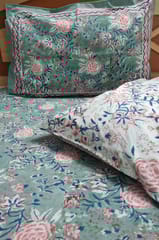 Premium quality super soft Pure cotton hand block printed King Size bedsheet with two reversible pillow covers in beautiful English green color
