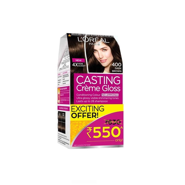 L`Oreal Paris Casting Creme Gloss Conditioning Color 400 Dark Brown : 87.5 Gm + 72 ml + 1 Unit of Paddle Hair Brush