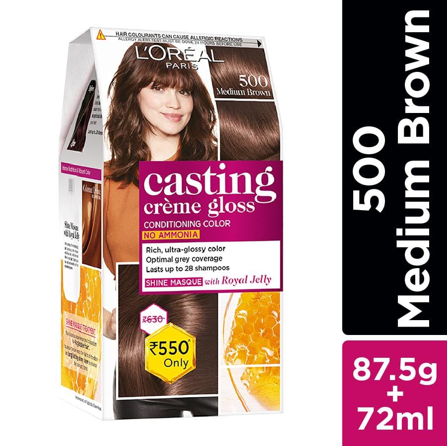 L`Oreal Paris Casting Creme Gloss Conditioning Color 500 Medium Brown : 87.5 Gm + 72 ml + 1 Unit of Paddle Hair Brush