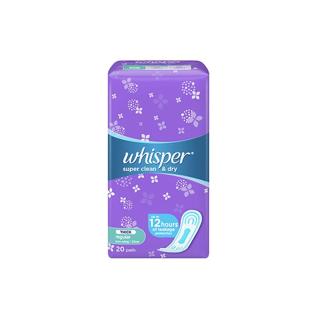Whisper Super Clean & Dry Regular Sanitary Napkin Pads Non-Wing (20 pads)