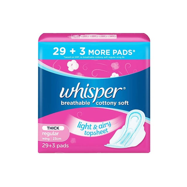 Whisper Cottony Clean Regular Sanitary Napkin Pads with Wings (29 pads + 3 FREE)