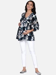 The Kaftan Company-Blue Brushed Floral Maternity and Nursing Wrap Top