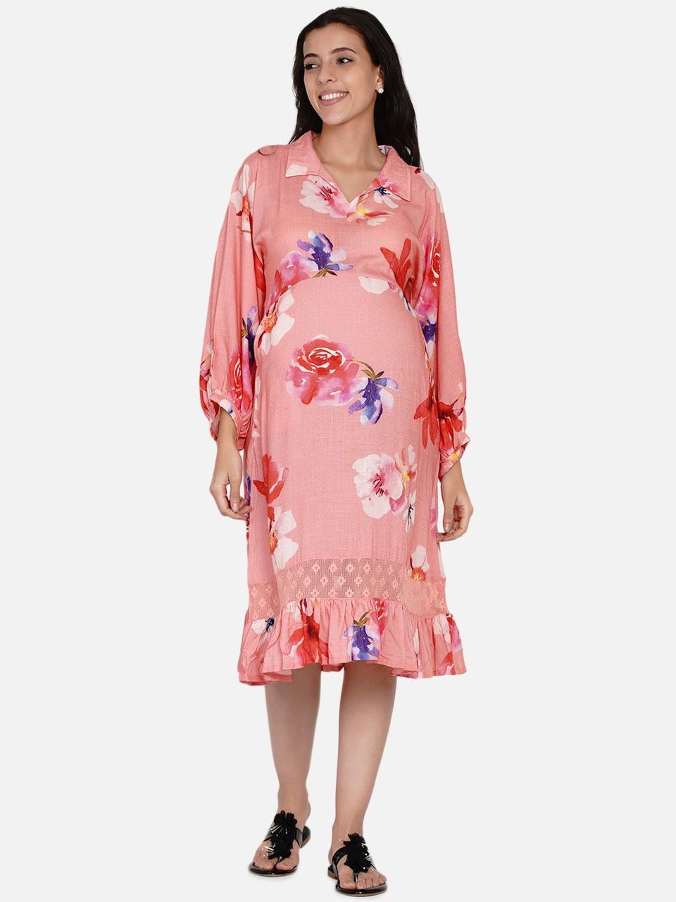 The Kaftan Company-Peach Brushed Floral Maternity Dress