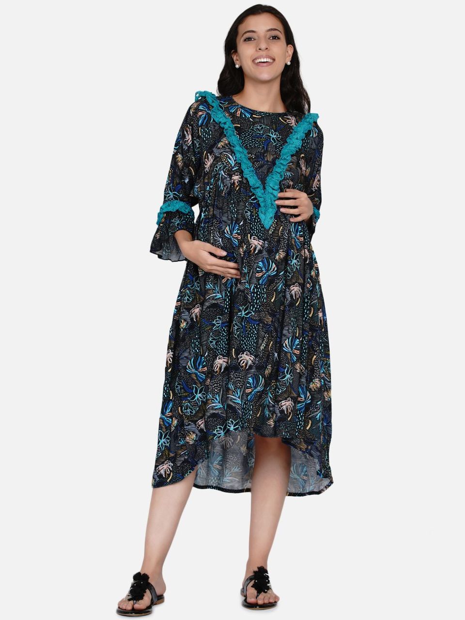 The Kaftan Company-Blue Floral Lacey Hi-Low Maternity and Nursing Dress