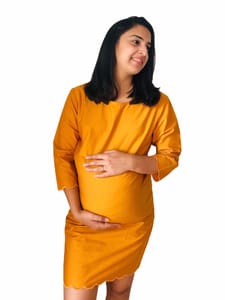 Chicmomz Solid Color Cut Style Short Maternity Dress in Mustard