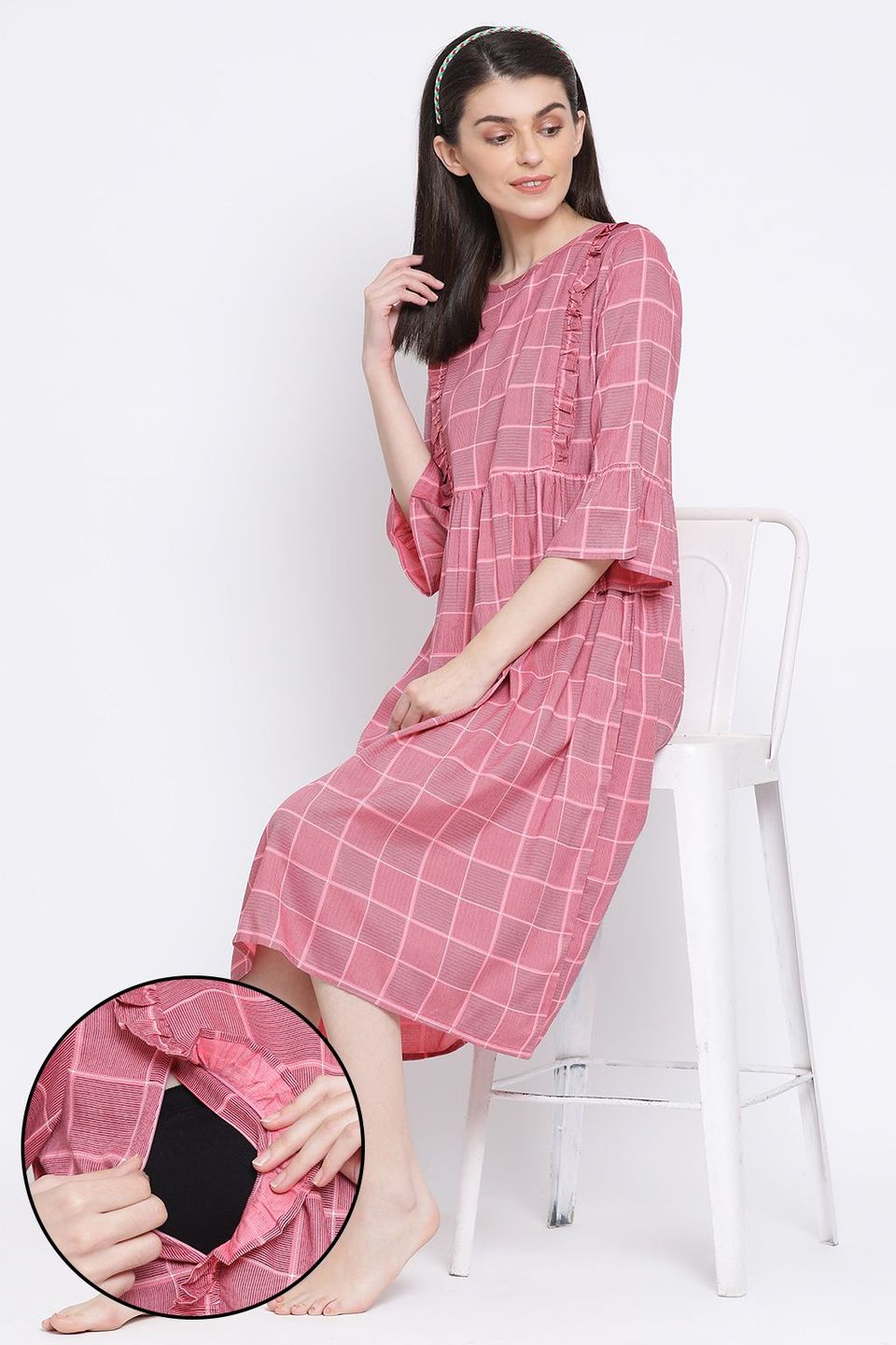 Clovia Feeding Classic Checks Mid Length Night Dress in Pink - Rayon