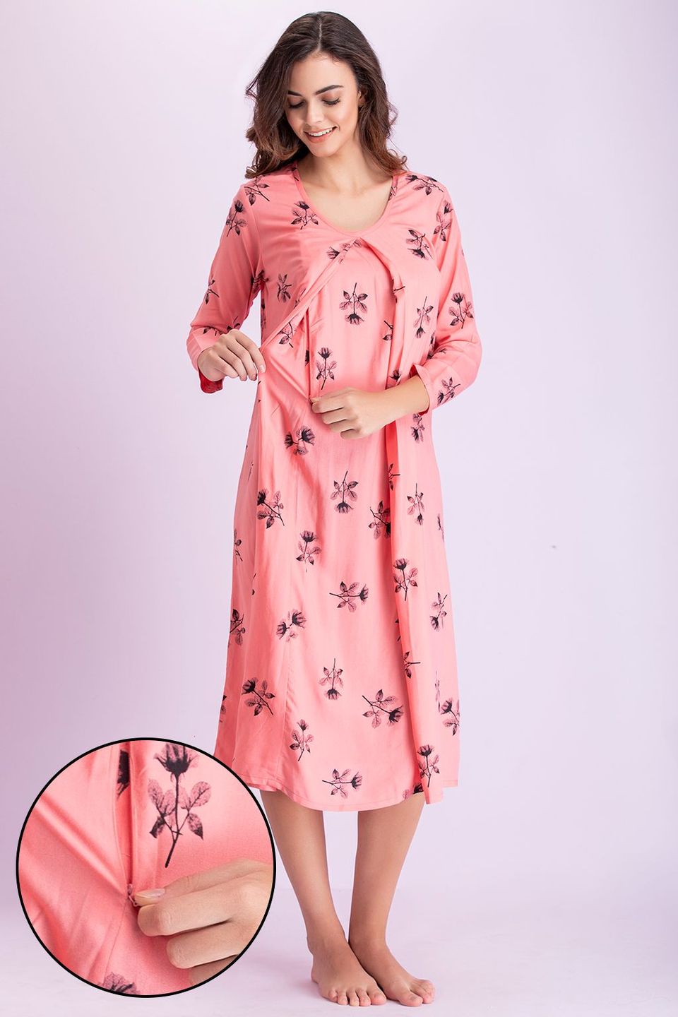 Clovia Pretty Florals Mid Length Feeding Night Dress in Pink - Rayon