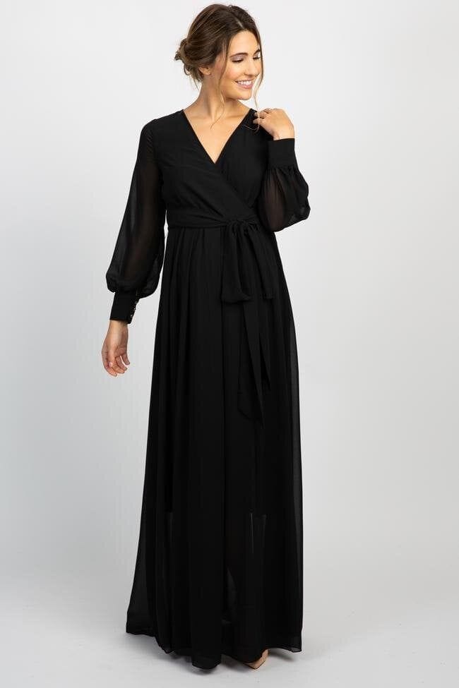 Plum and Peaches Long Sleeve Pleated Maternity Black Gown