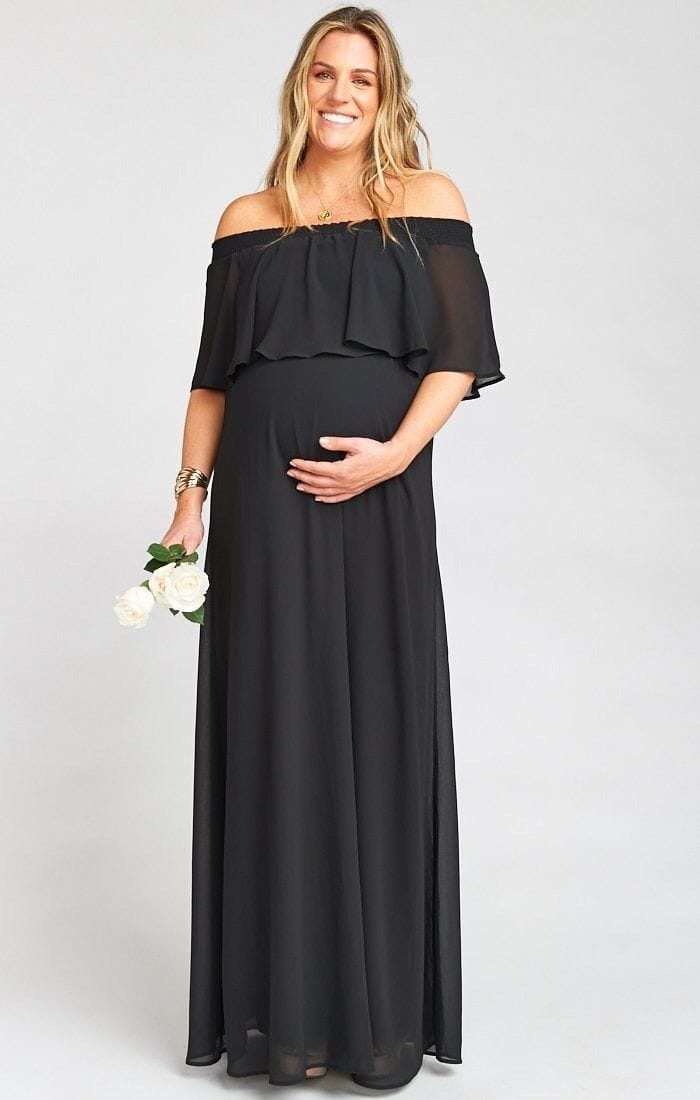 Plum and Peaches Off Shoulder Ruffle Maternity Gown