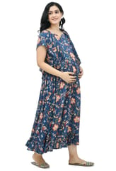 Mometernity Blue Floral Lurex Maternity & Nursing Midi Dress