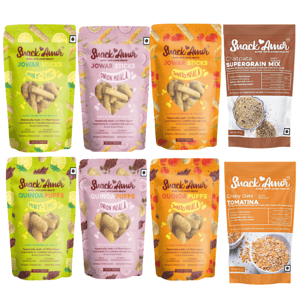 SnackAmor Party Snacks-Chatpata Supergrain Mix, Cripy Oats Tomatina, Jowar Sticks and Quinoa Puffs, 3 different Flavors (Pack of 8 - 500g)