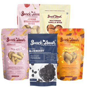 SnackAmor On The Go Healthy Bites-Multigrain Vanilla and Jowar Strawberry Bites, Jowar Sticks & Quinoa Puffs, Dried Blueberry (Pack of 5 - 400g)
