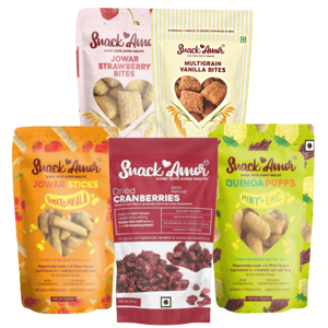 SnackAmor On The Go Healthy Bites-Multigrain Vanilla and Jowar Strawberry Bites, Jowar Sticks, Quinoa Puffs & Dried Cranberries (Pack of 5 - 400g)