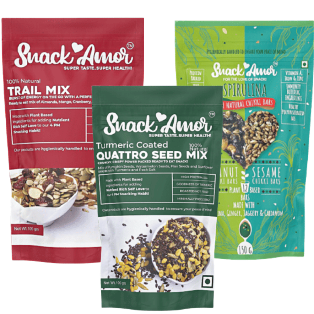 SnackAmor High Protein Snack- Quatro Seed Mix, Trail Mix And Spirulina Chikki Bars (Pack of 3 - 350g)