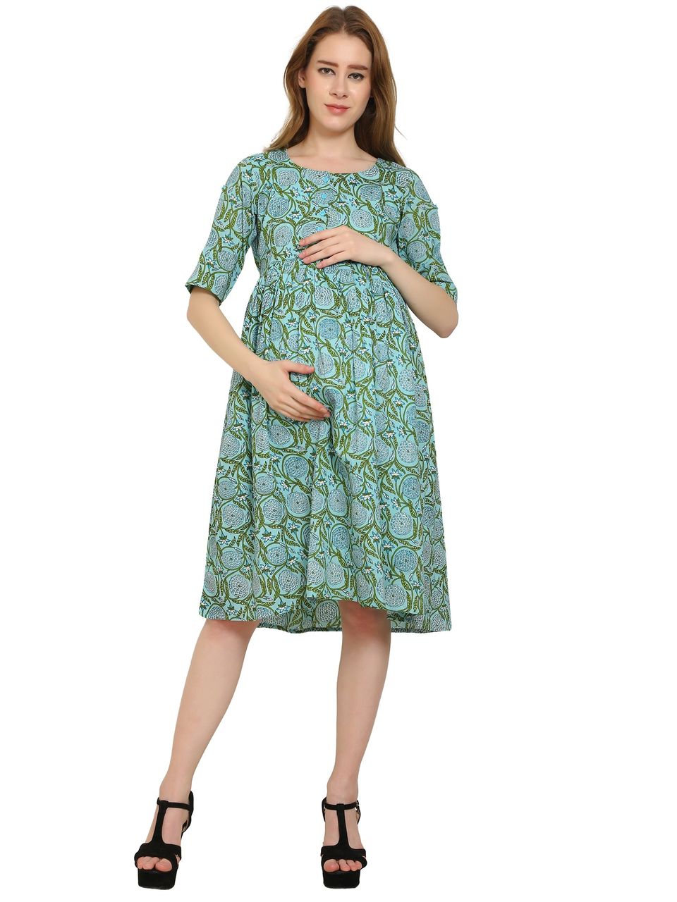 Moms Ever Maternity and Nursing Pre and Post Pregnancy Pure Cotton Printed Dress - Teal