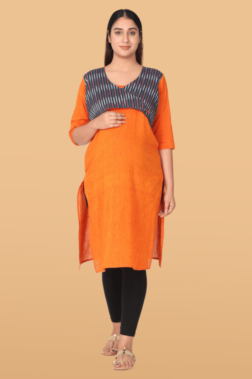 Morph Maternity Orange Feeding Kurta With Horizontial Nursing