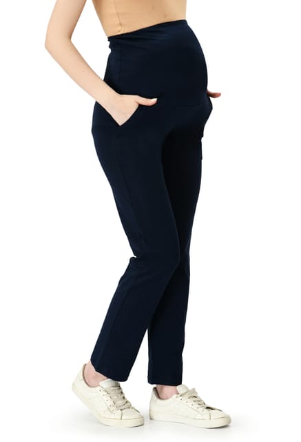 Clovia Embossed Self-Patterned Maternity Pants with Belly Panel in Black -  Cotton Rich
