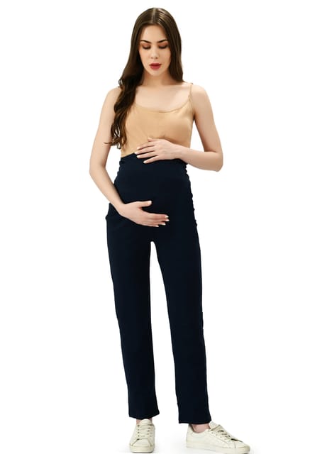 Clovia Embossed Self-Patterned Maternity Pants with Belly Panel in Black -  Cotton Rich