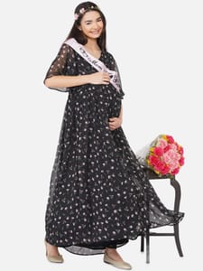 Mine4Nine Women's Maternity Floral Print Black Color Maxi Baby Shower Dress