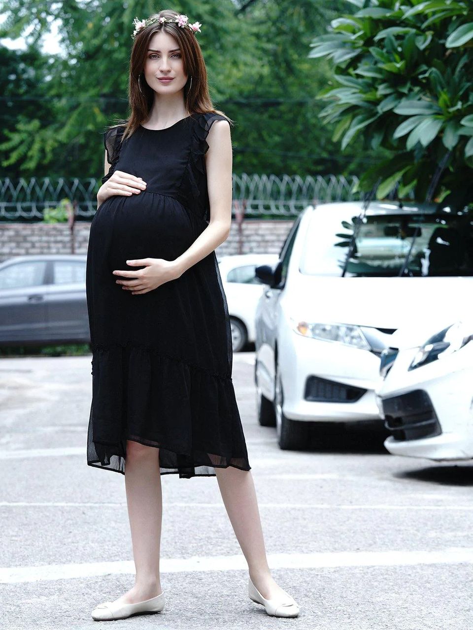 Mine4Nine Black Solid Women's Fit and Flare Chiffon Maternity and Nursing Dress