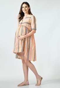 Mometernity Peachie Cotton Wide Stripes Print Maternity & Nursing Tunic Dress