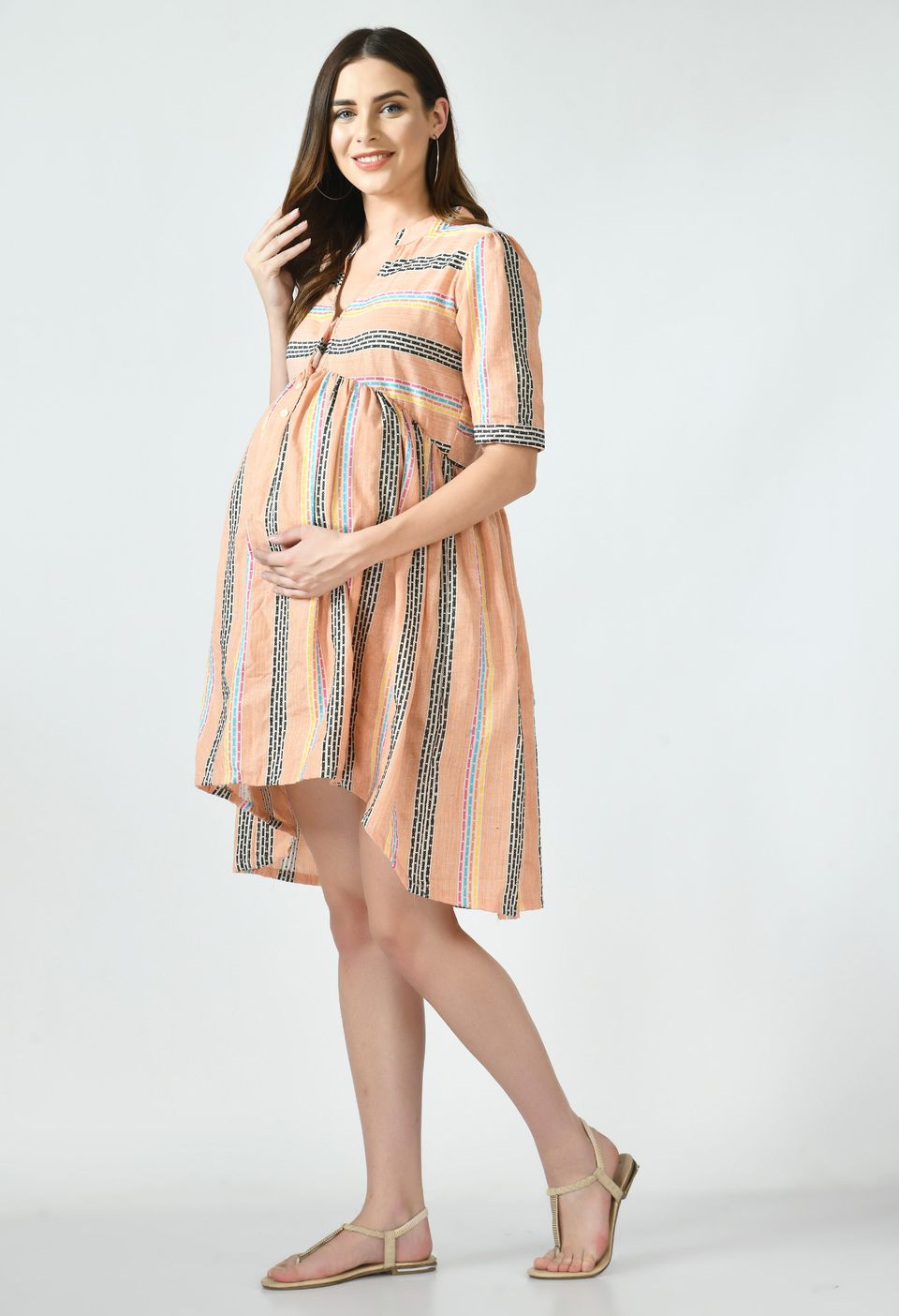 Mometernity Peachie Cotton Wide Stripes Print Maternity & Nursing Tunic Dress