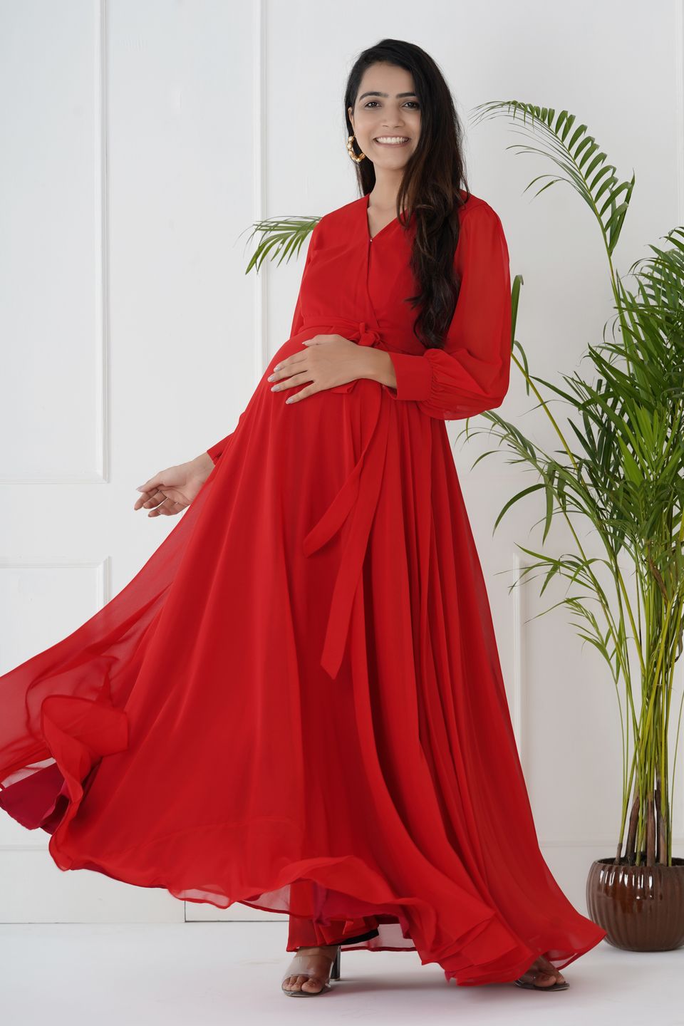 Plum and Peaches Long Sleeve Pleated Maternity Red Gown