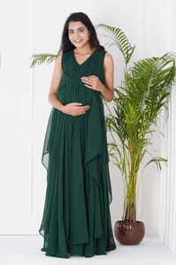 Plum and Peaches V Neck Ruffle Maternity Green Gown