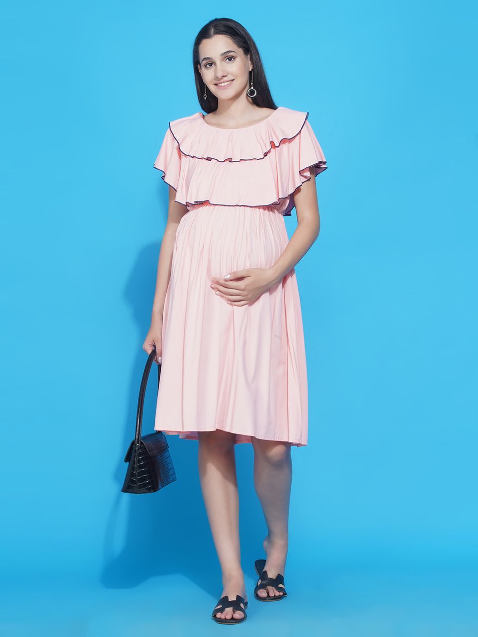 Mine4Nine Women's Peach Asymmetric Viscose Rayon Maternity & Nursing Dress