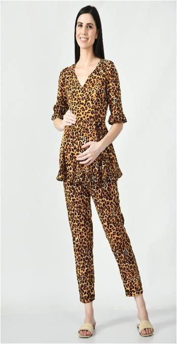 Mometernity Rayon Leopard Print Maternity & Nursing  Top with Pant Set of 02   - Brown & Black