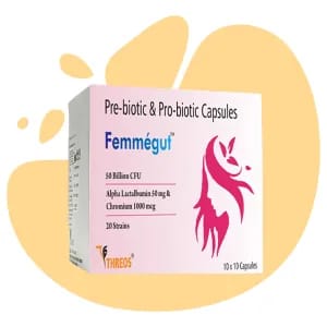 Femme Gut  (Prebiotic, Probiotic,  50 billion CFU, 20  Strains with Alpha  Lactalbumin and  Chromium