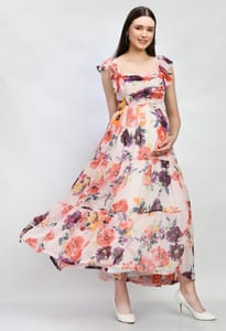 Mometernity Chiffon Floral  Maternity & Nursing Flowy Maxi Dress/Gown set of 1 pcs - White