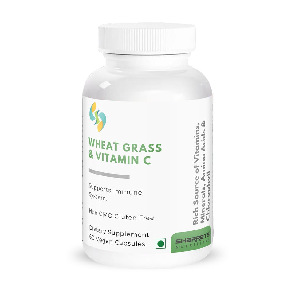 Sharrets Wheatgrass 60 Vegan Capsules with Vitamin C for Immunity, Skin