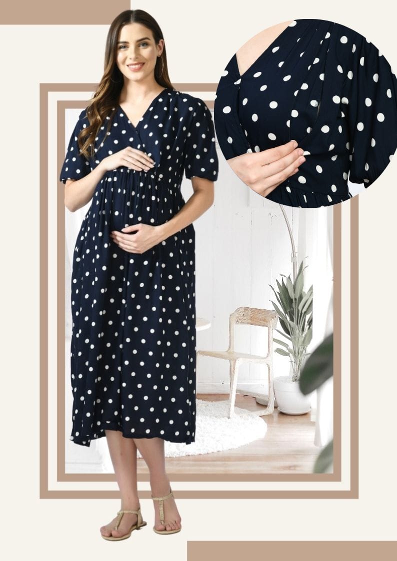 Mometernity Navy Blue Polka Dot Nursing and Maternity Dress