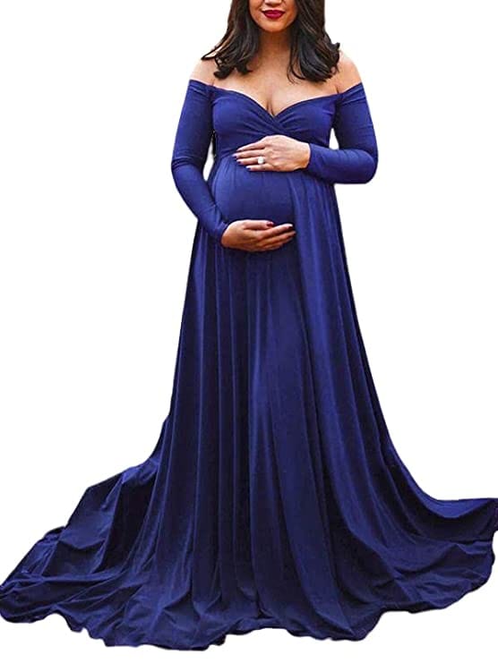 Royal Blue Pleated Gown & Off Shoulder Sleeves With Elegant Neckline