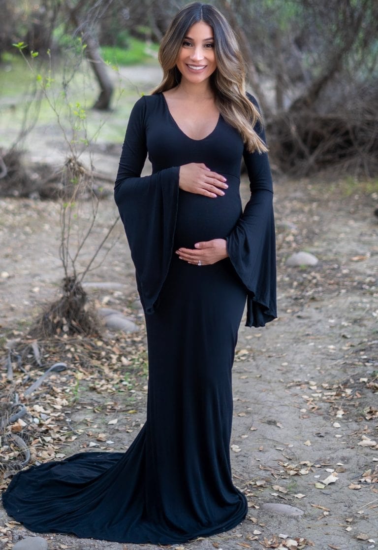 DEEP SCOOP BELL SLEEVE MATERNITY GOWN WITH MINI TRAIN