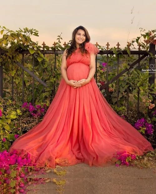 Watermelon Maternity one shoulder gown
