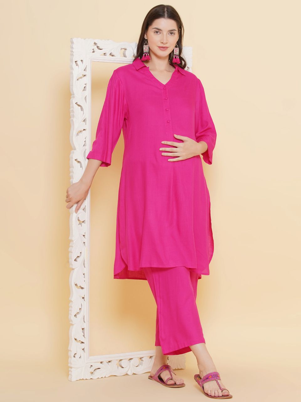 Mine4Nine Women's pink Color Shirt Collar Maternity & Nursing kurta set