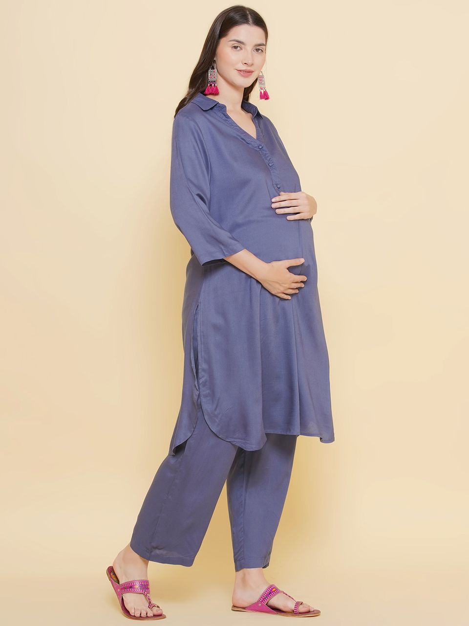 Mine4Nine Women's Grey Color Shirt Collar Maternity & Nursing Kurta Set