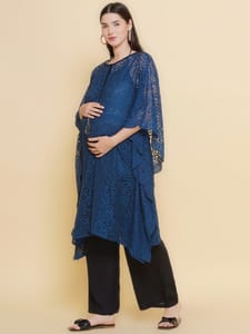Mine4Nine Women's Blue color Lace Maternity & Nursing Kaftaan Set