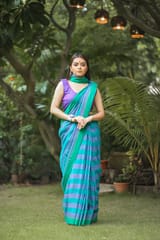 Blue and green stripe linen saree