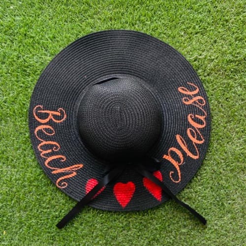 Black “Beach Please” Straw Hat
