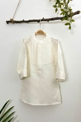 Off-white linen kurta with pleated front yoke