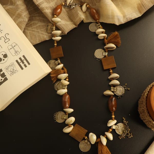 Tribal Shell Wood & Repurposed Coin Necklace