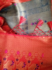 Navy Blue  and Red Banarasi Silk Brocade with tassles