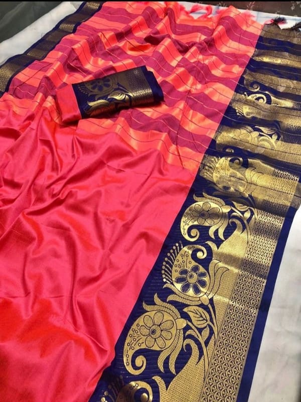 Pure Banarasi Cotton Silk, Bright pink with Navy Blue border & Zari