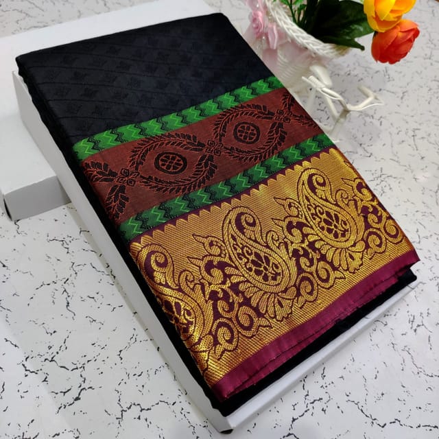 Dhan Laxmi  Silk Saree with Chit Pallu - Black, Red and Gold